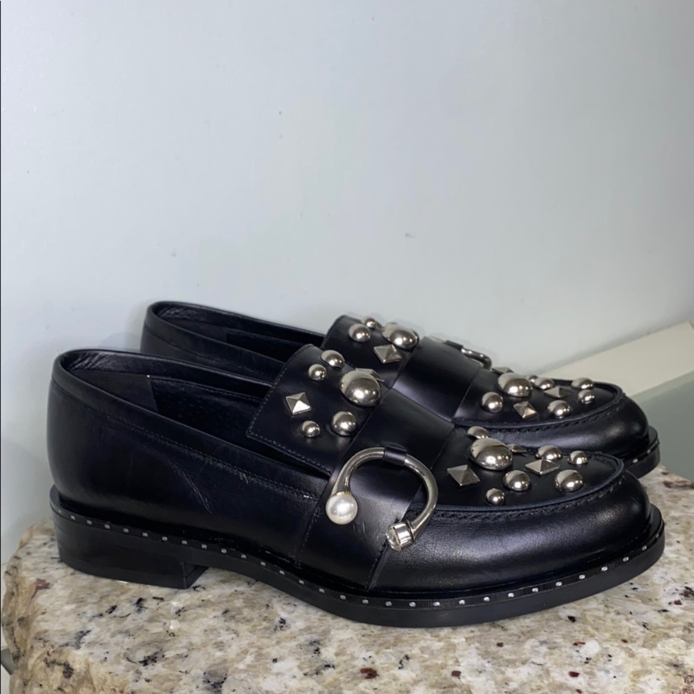 Michele Lopriore Milano Black Leather Studded Pearl Loafer Size 37 (US 7)